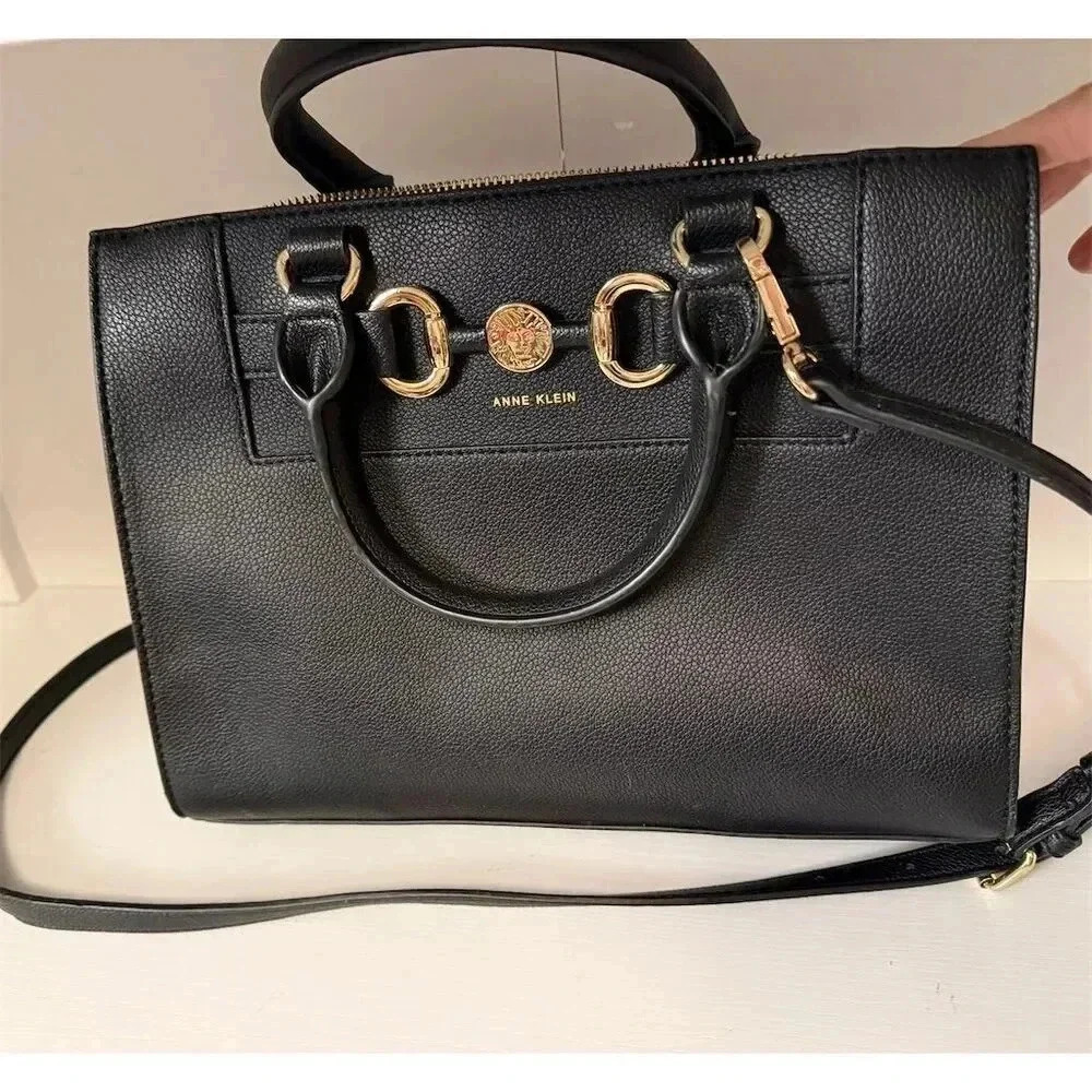 Anne Klein Women's Black Satchel Bag with Gold Horsebit Detail - Picture 1 of 12